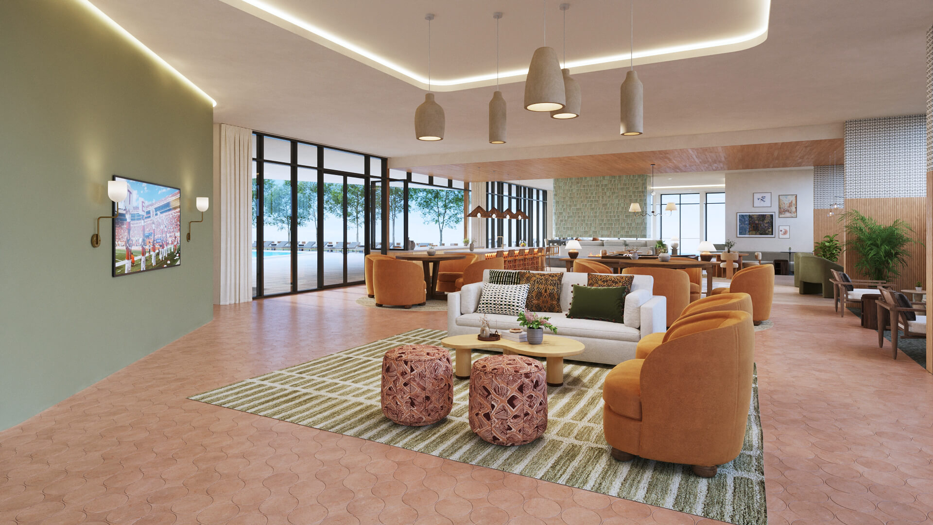 sky den lounge area with large seating arrangement, a wall-mounted TV, and large glass doors opening to an outdoor pool deck